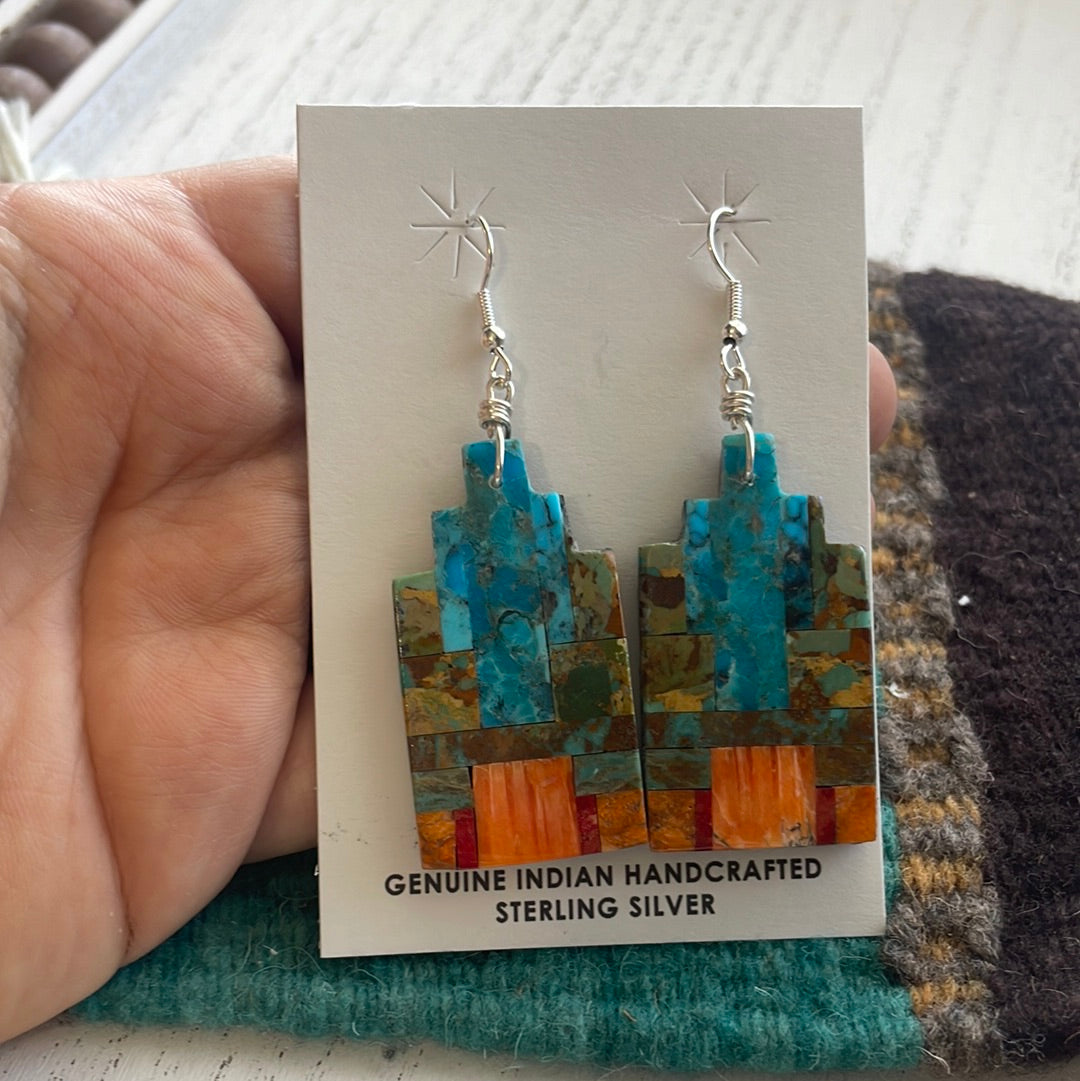 Handcrafted Multi Stone Inlay Dangle Earrings