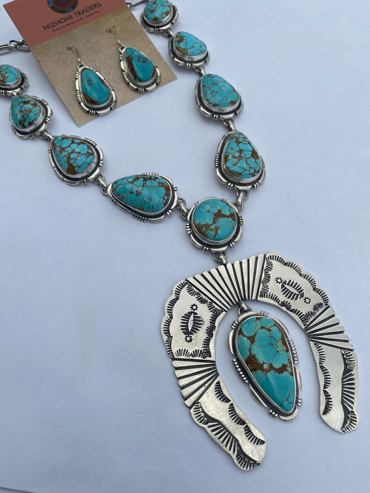 Navajo Handmade Number 8 Turquoise & Sterling Silver necklace set