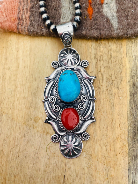 Handcrafted Sterling Silver, Kingman Turquoise & Coral Pendant Signed
