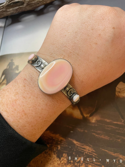 Handcrafted Pink Conch & Sterling Silver Tufa Cast Cuff Bracelet Signed