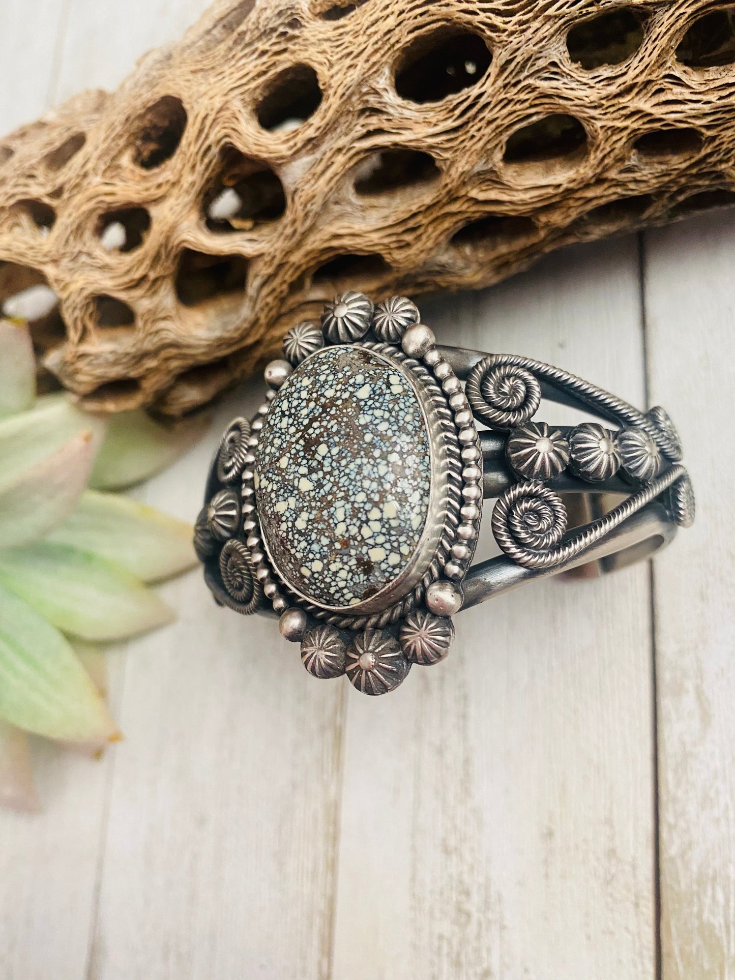 Handcrafted New Lander Turquoise & Sterling Silver Cuff Bracelet Signed