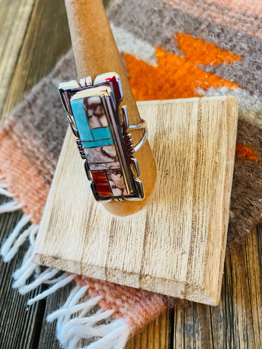 Handcrafted Sterling Silver & Multi Stone Inlay Ring Size 7.75