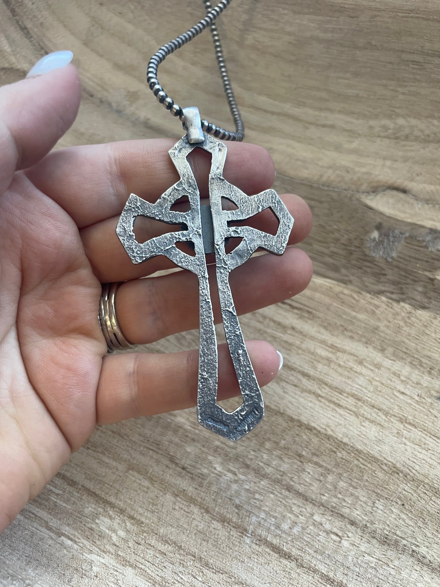Handcrafted Sterling Silver & Turquoise Cross Pendant Signed Eugene Mitchell