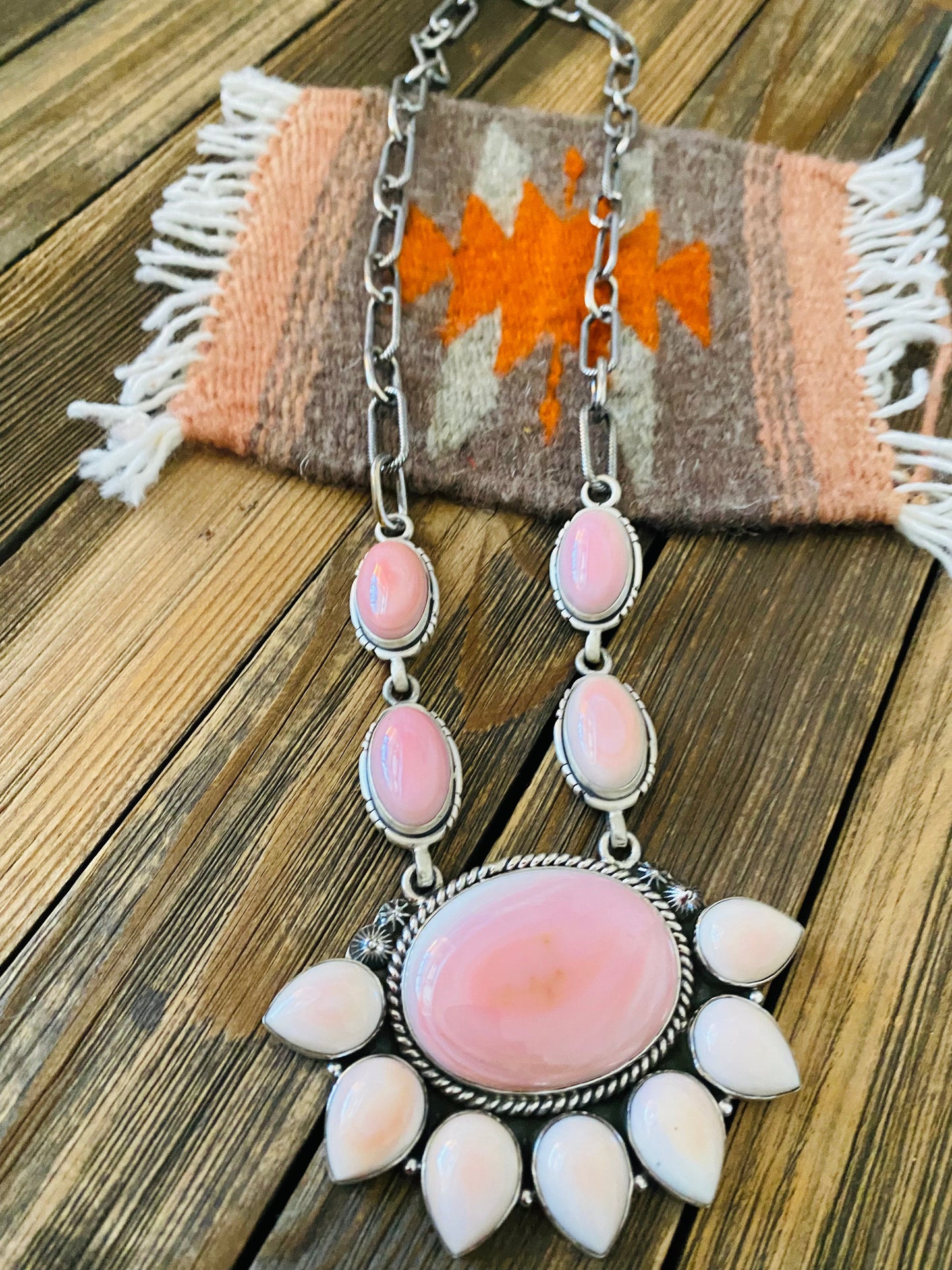 Handcrafted Queen Pink Conch Shell And Sterling Silver Cluster Necklace