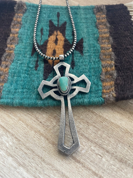 Handcrafted Sterling Silver & Turquoise Cross Pendant Signed Eugene Mitchell