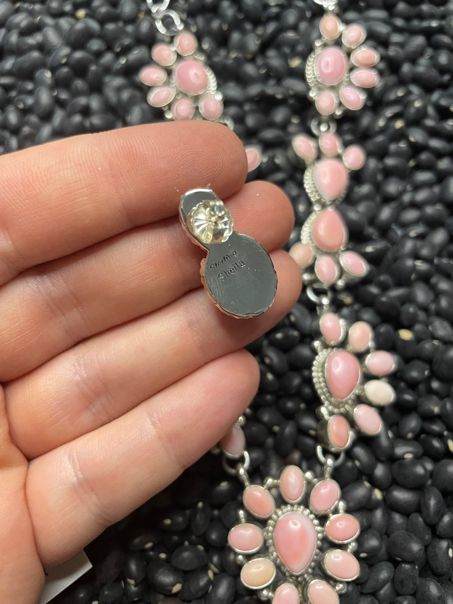 Handcrafted Queen Pink Conch Shell And Sterling Silver Necklace Earrings Set By Sheila Becenti