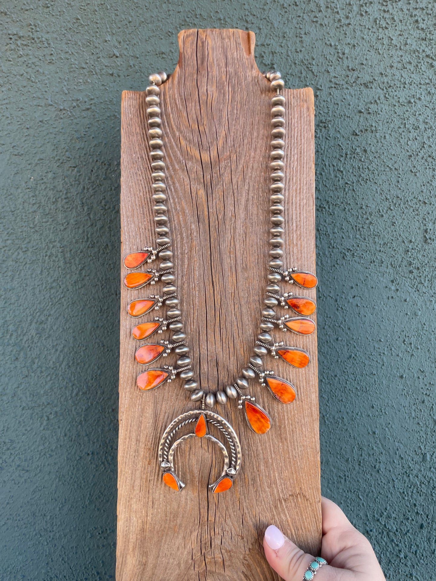 Handcrafted Orange Spiny And Sterling Silver Squash Blossom Necklace & Earrings Set By Selena Warner