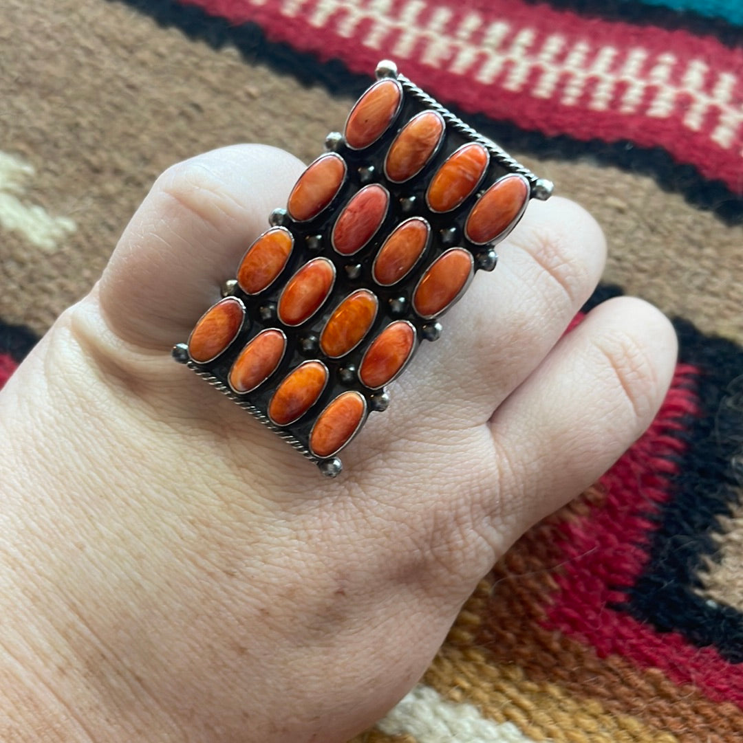 Handcrafted Sterling Silver & Orange Spiny Cluster Ring Size 8 Signed Jacquline Silver