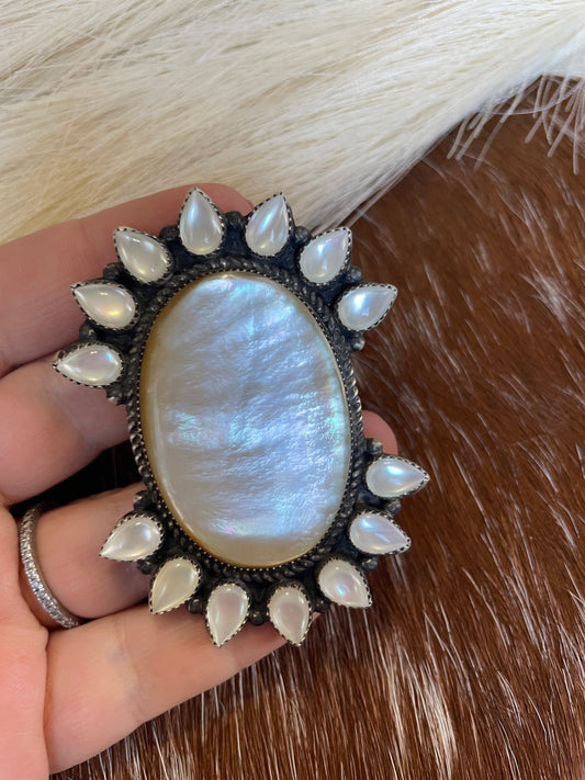 Handcrafted Mother Of Pearl And Sterling Silver Adjustable Statement Ring