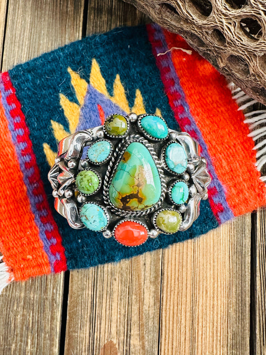 Handcrafted Old Pawn Turquoise, Coral & Sterling Silver Cuff Bracelet /