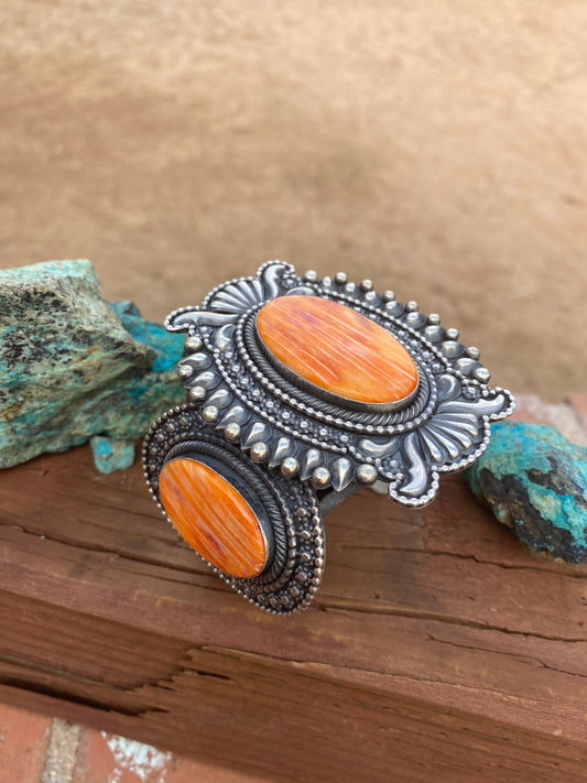 Beautiful Handcrafted Orange Spiny & Sterling Silver Cuff Bracelet Signed