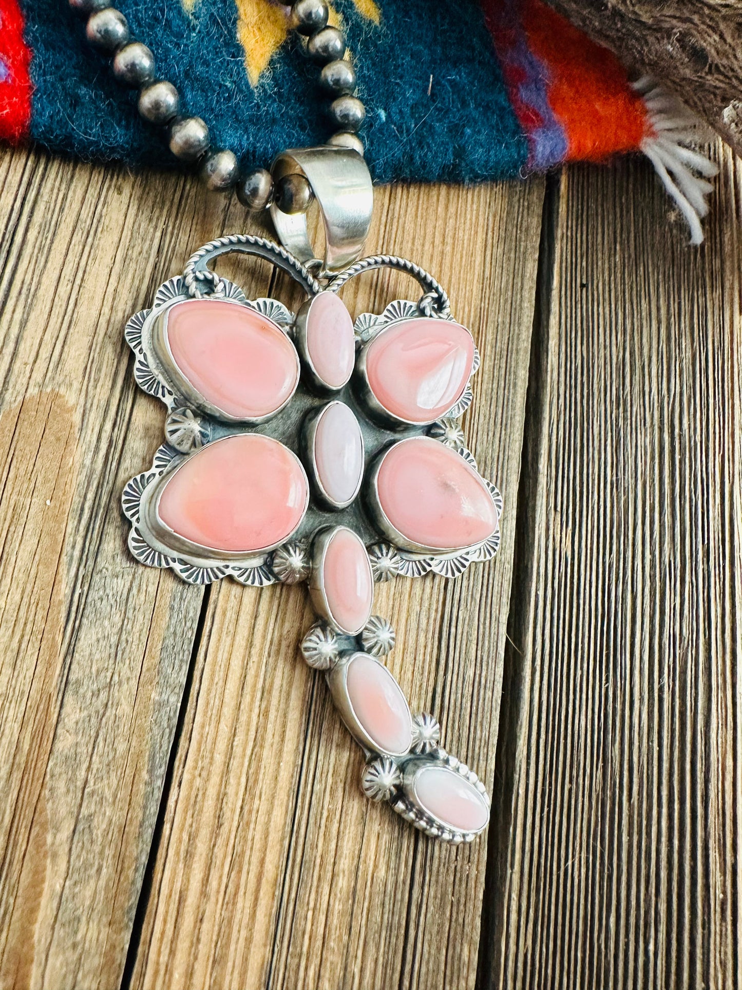 Handcrafted Queen Pink Conch & Sterling Silver Dragonfly Pendant By Tina Benally