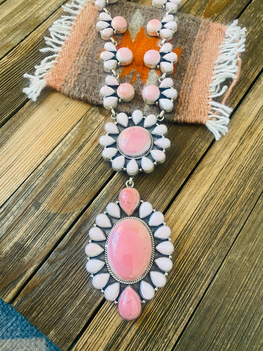 Handcrafted Queen Pink Conch Shell And Sterling Silver Cluster Necklace