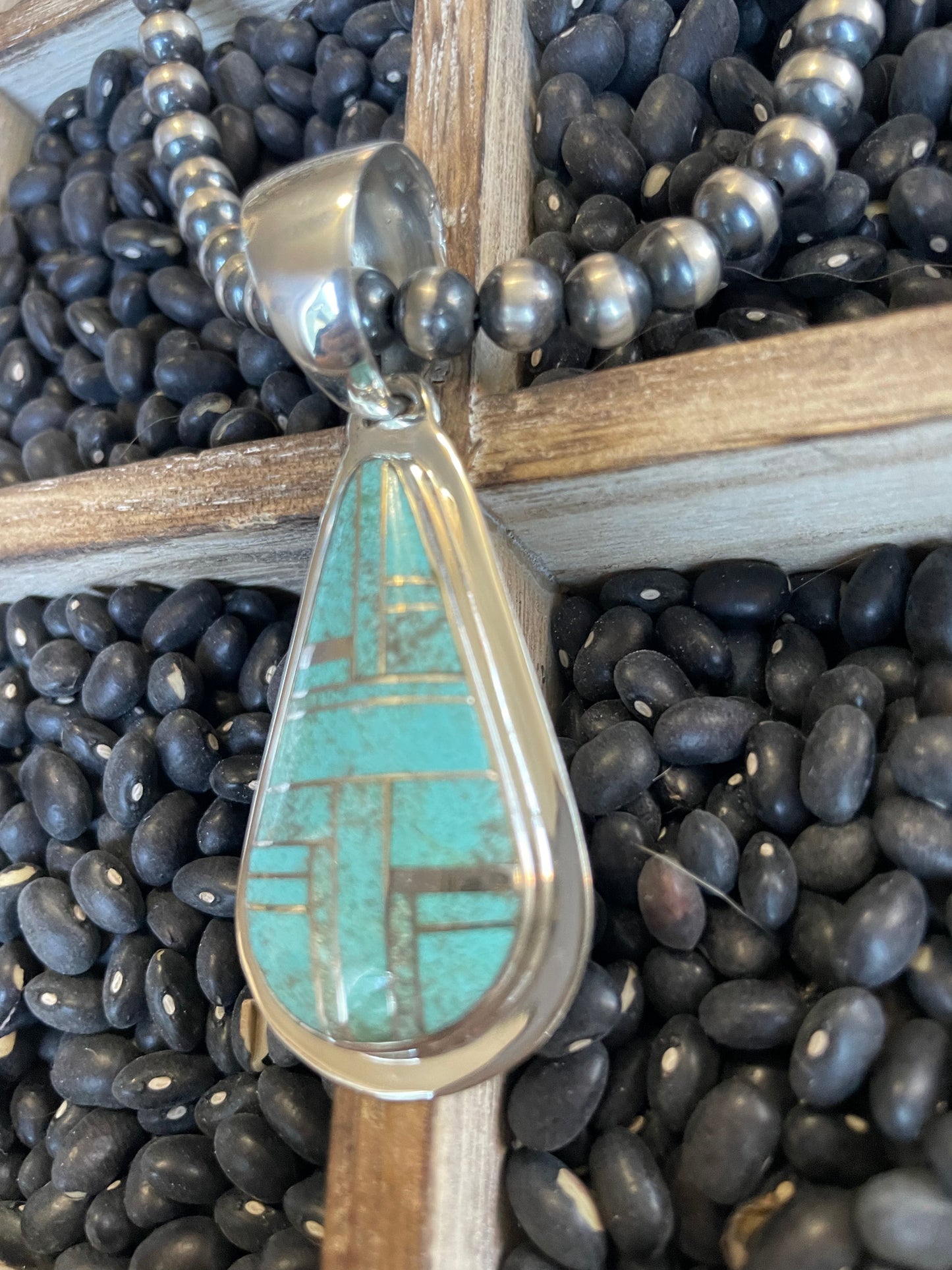 Handcrafted Number 8 Turquoise Inlay & Sterling Silver Pendant Signed
