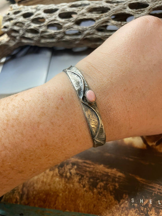 Handcrafted Pink Conch & Sterling Silver Tufa Cast Cuff Bracelet Signed