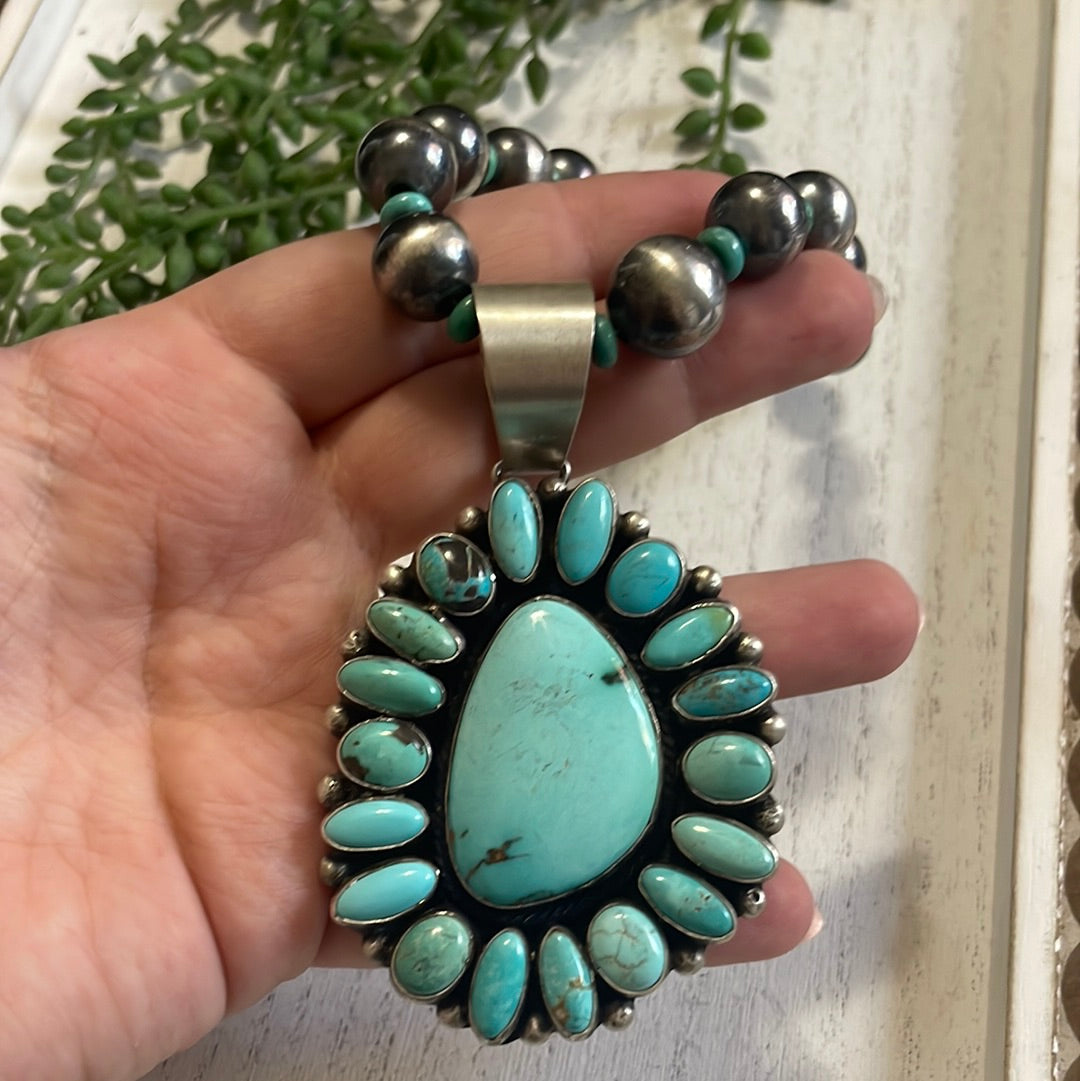 Beautiful Handcrafted Sterling Silver Beaded Turquoise Necklace With Pendant Signed Ella Peter