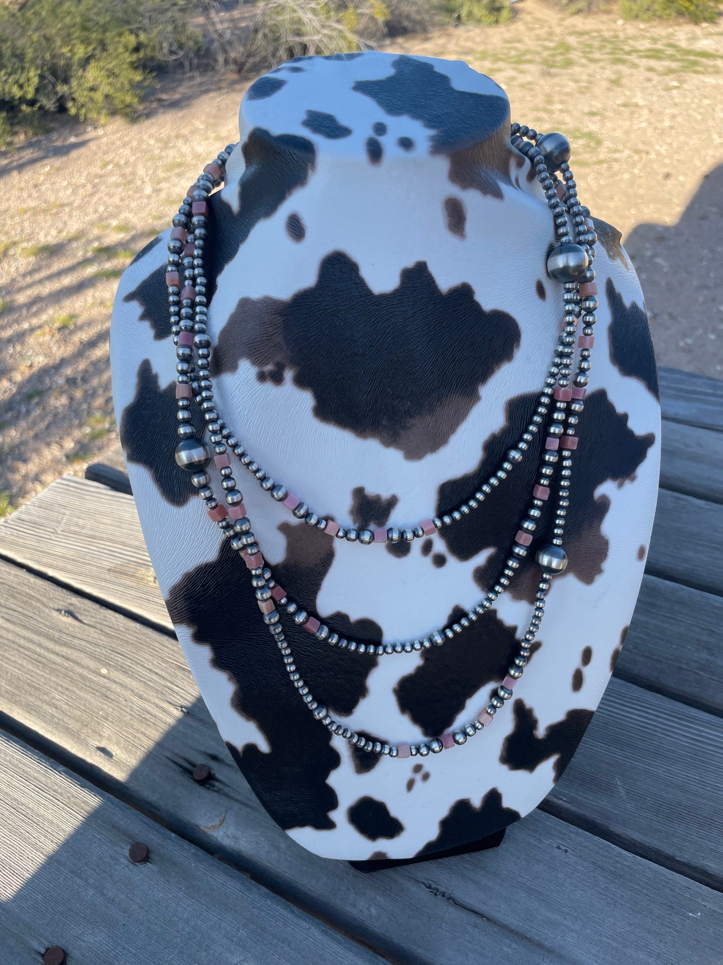 Handcrafted Pink Conch & Sterling Silver Beaded Necklace 72”