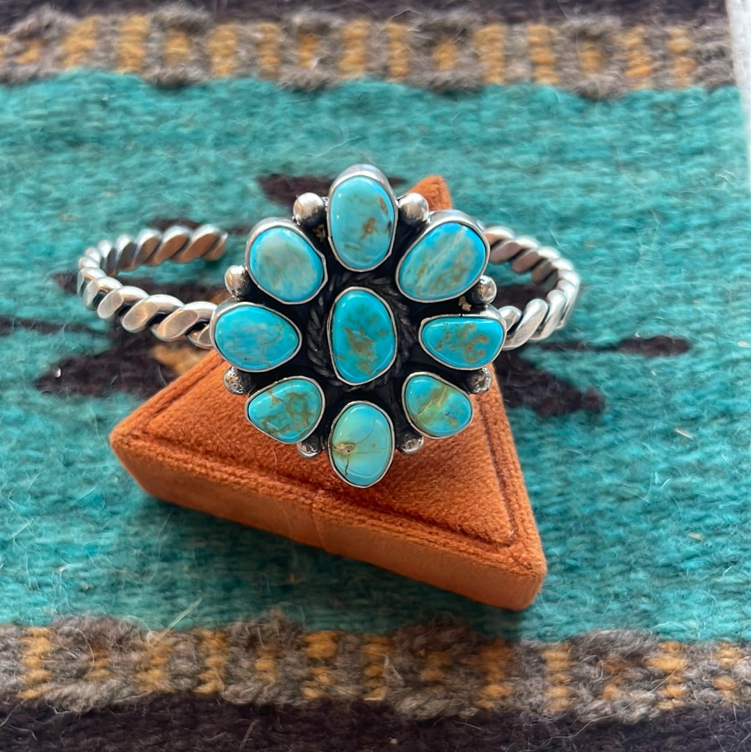 Navajo Turquoise And Sterling Silver Cluster Flower Adjustable Cuff Bracelet Signed