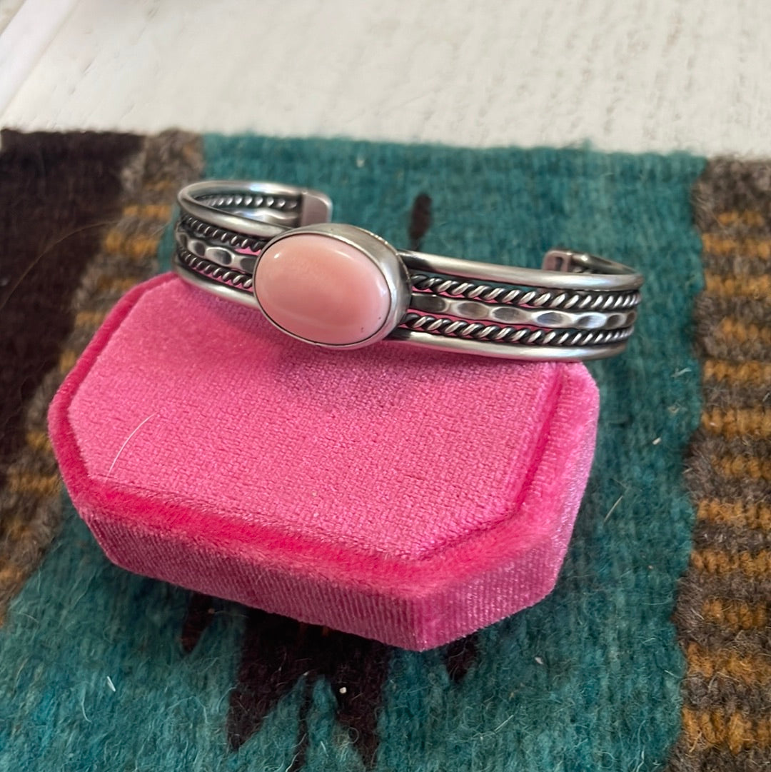 Navajo Pink Conch & Sterling Silver Adjustable Oval Cuff Bracelet Signed Tahe