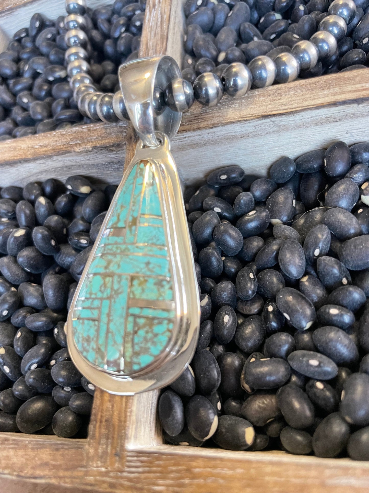 Handcrafted Number 8 Turquoise Inlay & Sterling Silver Pendant Signed
