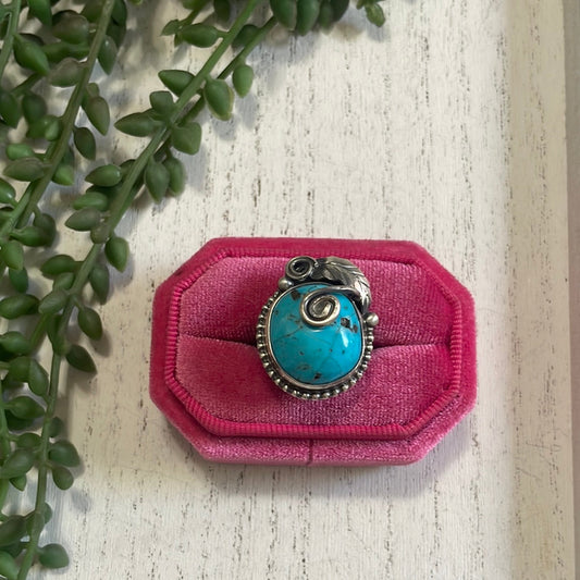 Handcrafted Turquoise & Sterling Silver Feather Ring Signed Size 7.25