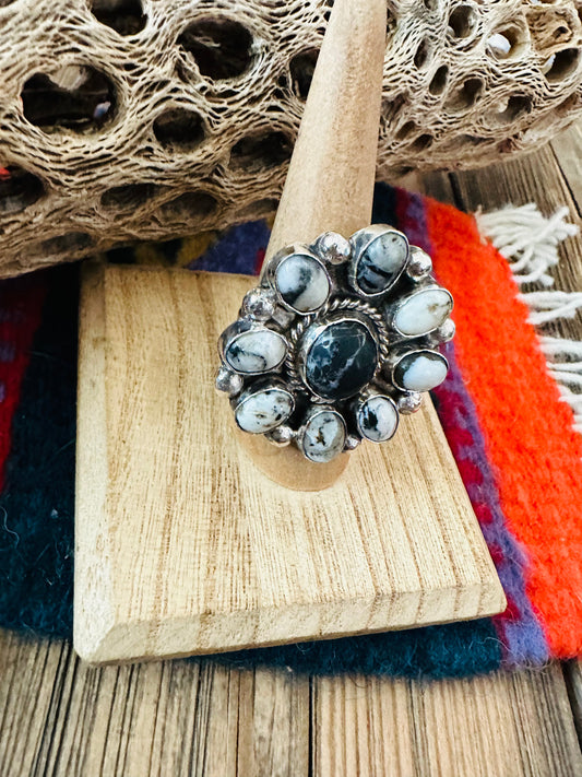 Handcrafted Sterling Silver And White Buffalo Cluster Adjustable Ring