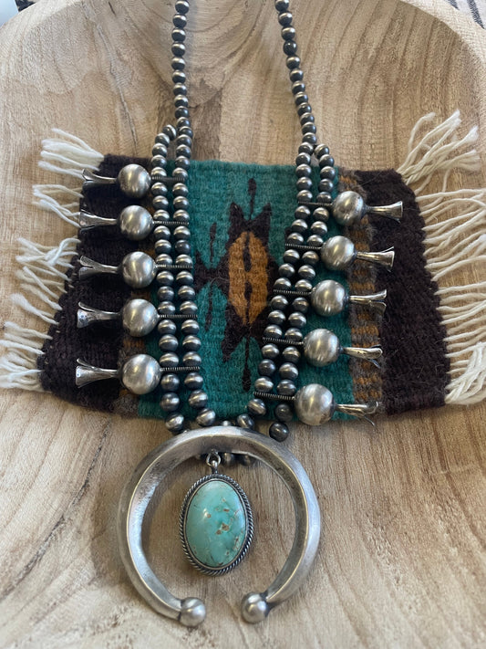 Handcrafted Turquoise & Sterling Silver Squash Blossom Necklace Signed Paul Livingston