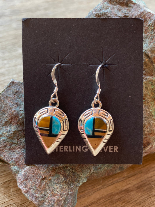 Handcrafted Turquoise, Onyx, Petrified Wood & Sterling Silver Inlay Drop Dangle Earrings