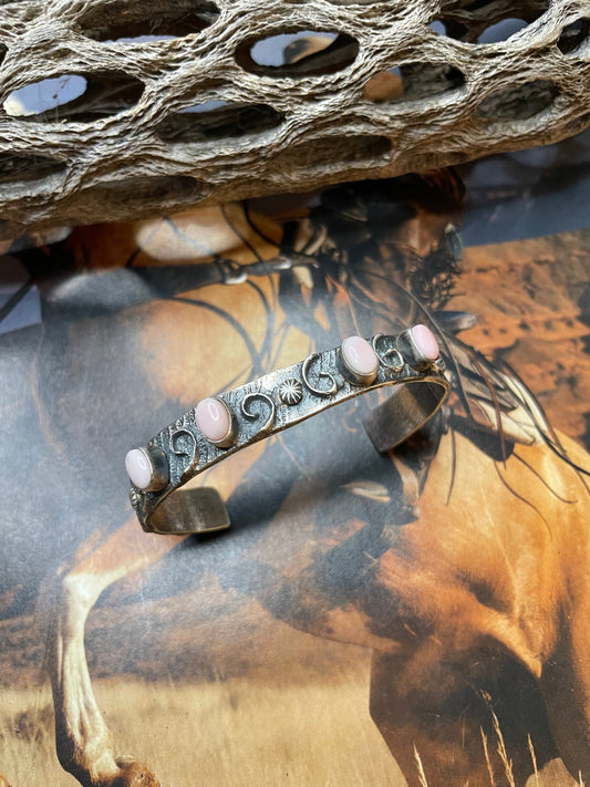 Handcrafted Pink Conch & Sterling Silver Tufa Cast Cuff Bracelet Signed