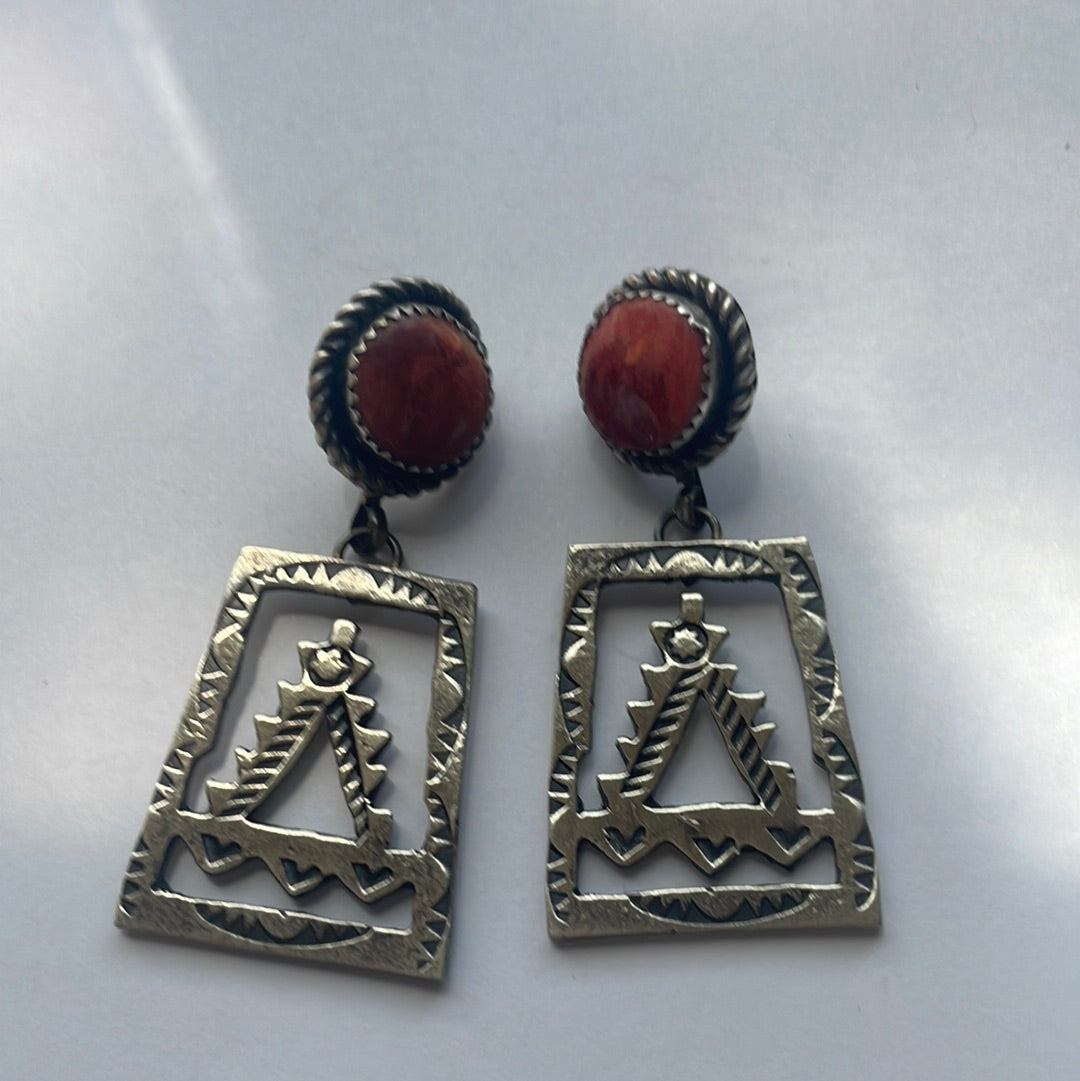 Beautiful Navajo Sterling Silver & Red Spiny Dangle Earrings Signed