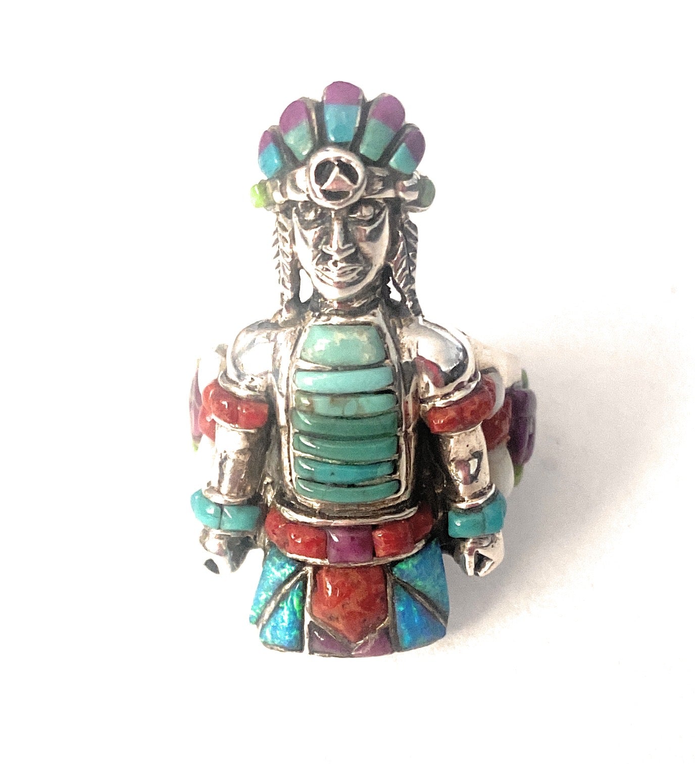 Handmade Sterling Silver & Multi Stone Inlay Indian Chief Ring Size 7.5