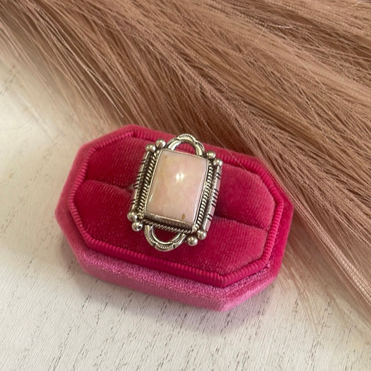 Gorgeous Handcrafted Pink Peruvian Opal And Sterling Silver Adjustable Ring