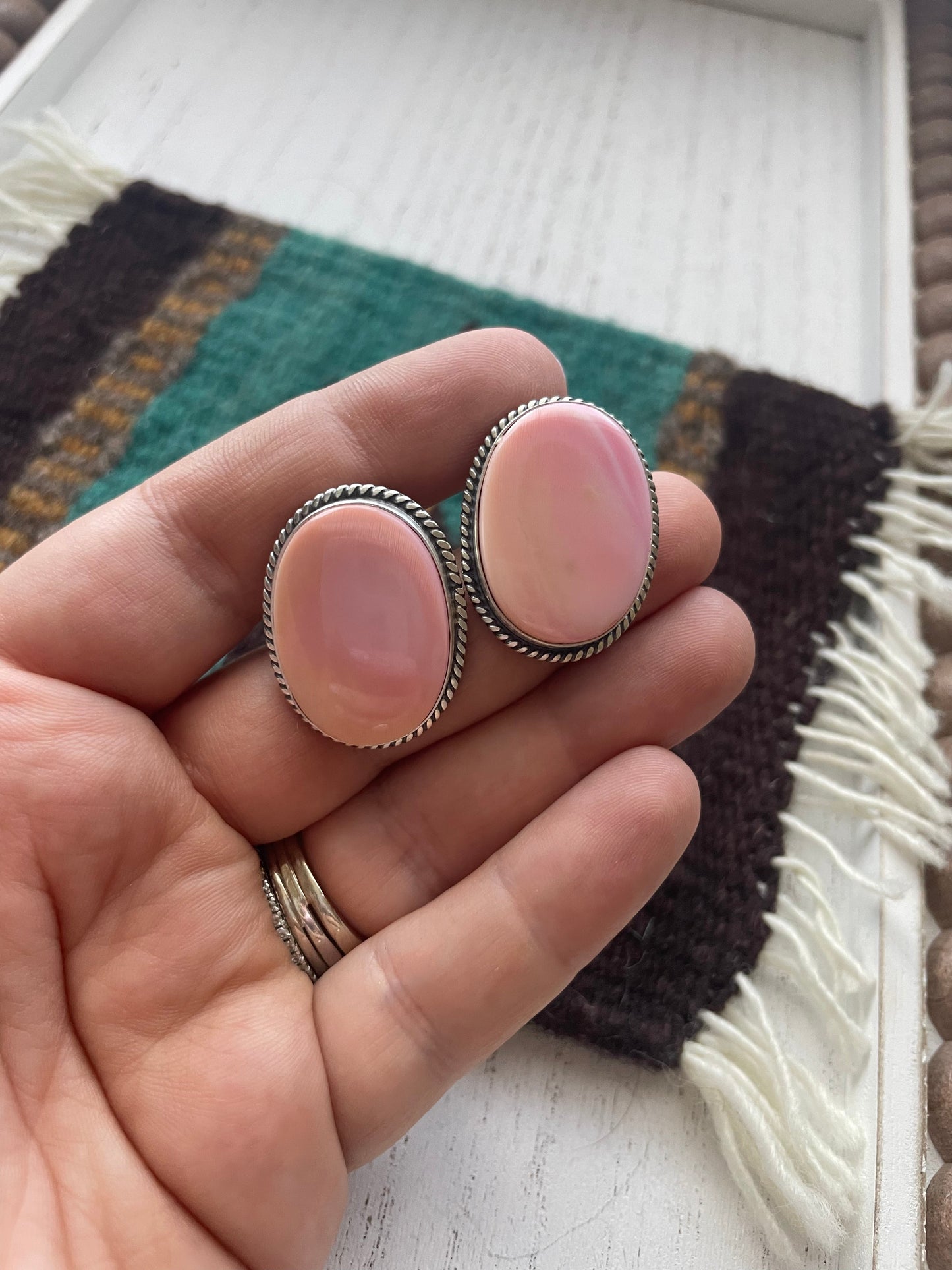 Navajo Sterling Silver Pink Conch Drop Stud Earrings Signed