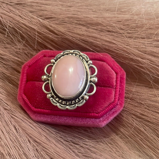 Gorgeous Handcrafted Pink Peruvian Opal And Sterling Silver Adjustable Ring