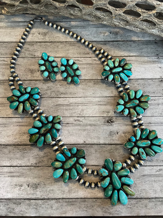 Handcrafted Beaded Sterling Silver & Royston Turquoise Necklace & Earring Set by Ella Peter