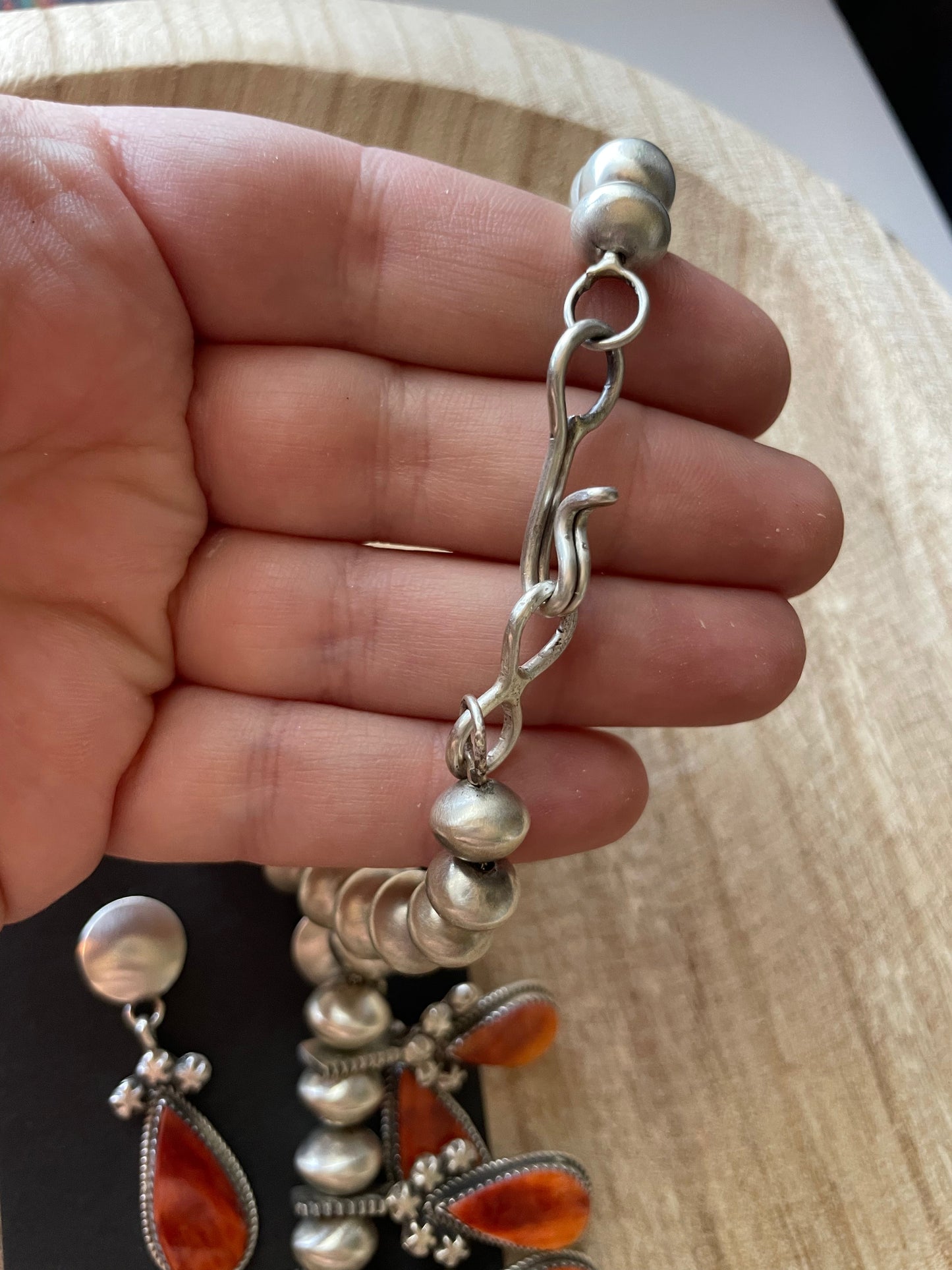 Handcrafted Orange Spiny And Sterling Silver Squash Blossom Necklace Earrings Set By Selena Warner