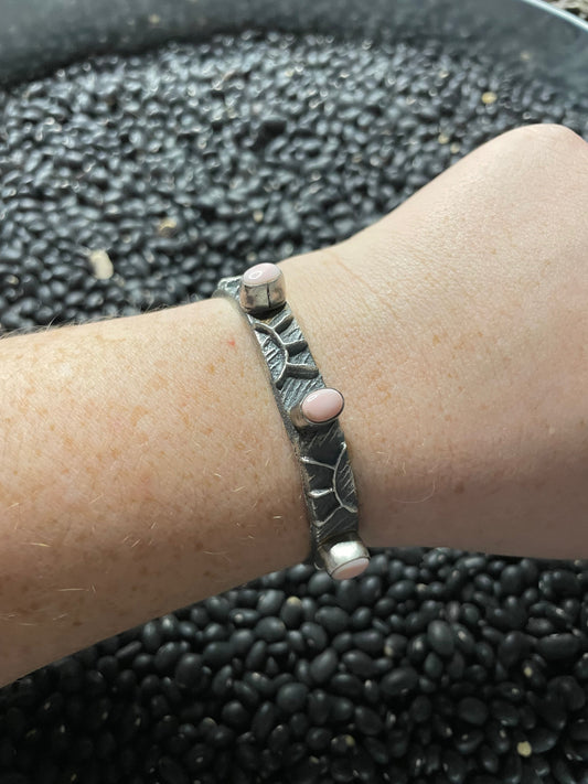 Handcrafted Pink Conch & Sterling Silver Tufa Cast Cuff Bracelet Signed