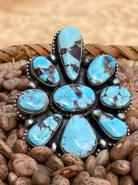 Handcrafted Golden Hills Turquoise & Sterling Silver Size  6.5 Signed Bobby Johnson