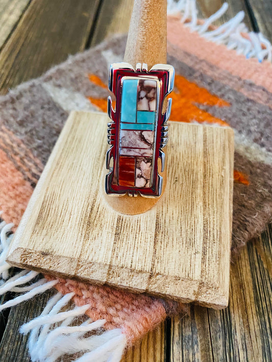 Handcrafted Sterling Silver & Multi Stone Inlay Ring Size 7.75