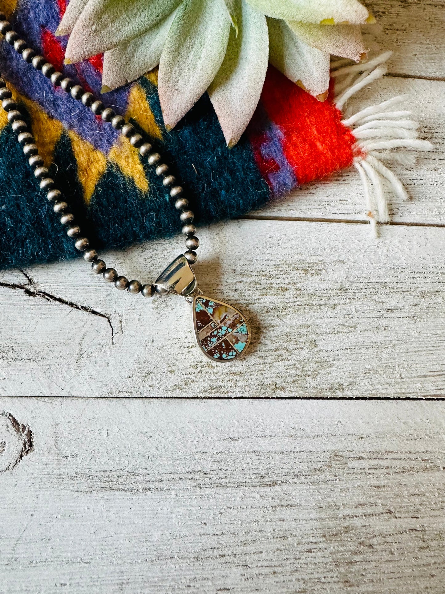 Handcrafted Number 8 Turquoise & Sterling Silver Teardrop Inlay Pendant