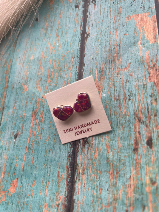 Handcrafted Sterling Silver & Pink Opal Inlay Heart Stud Earrings