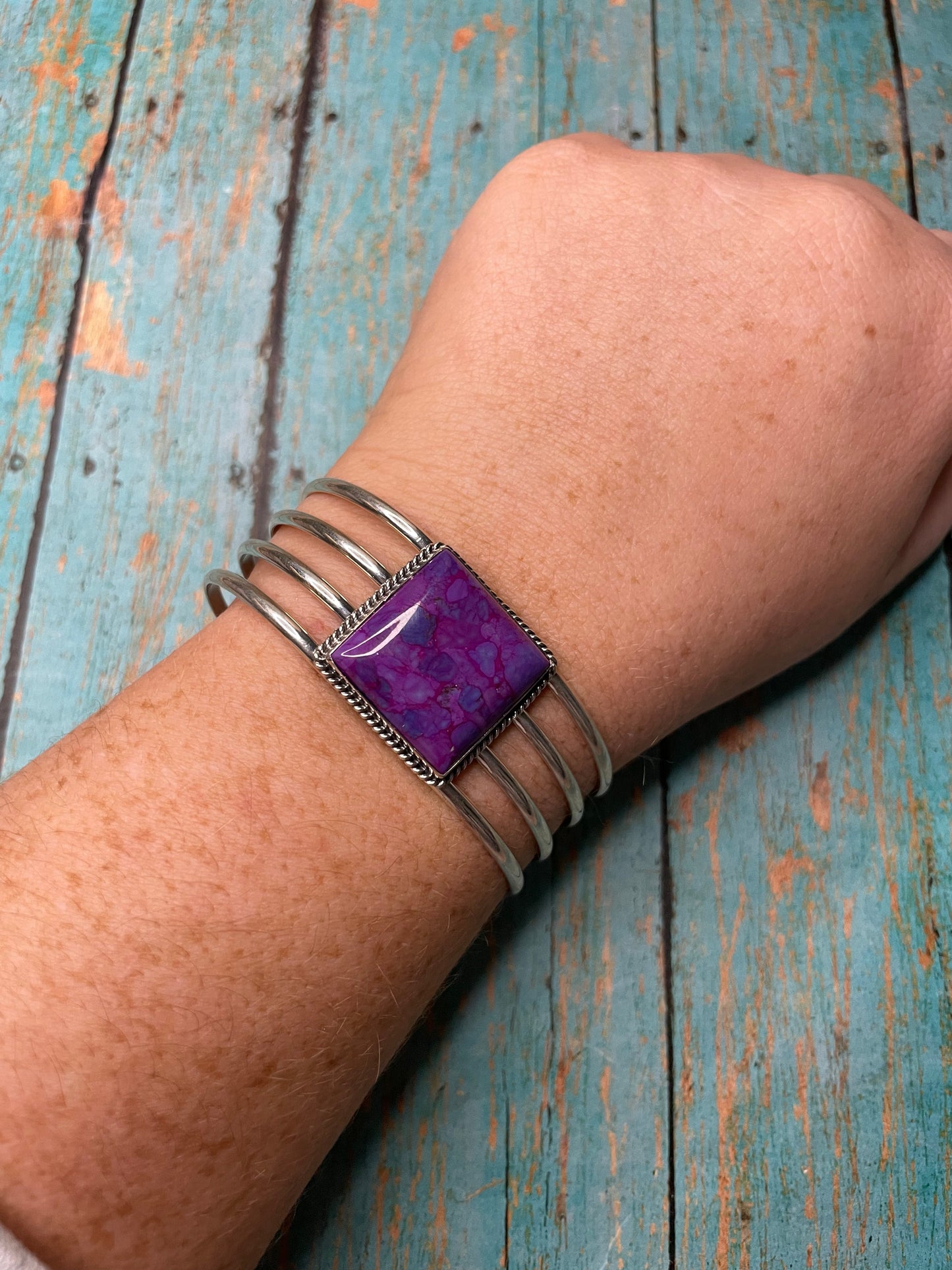 Handcrafted Purple Kingman Turquoise & Sterling Silver Cuff Bracelet Signed