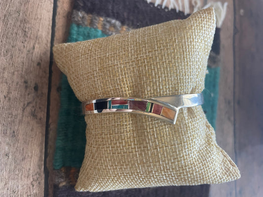 Handcrafted Handmade Sterling & Multi Stone Inlay Cuff Bracelet