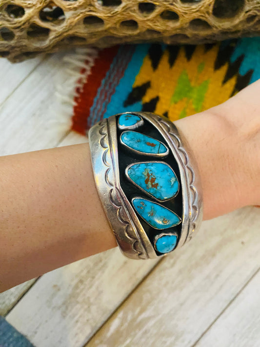 Handcrafted Old Pawn Vintage Turquoise & Sterling Silver Cuff Bracelet /