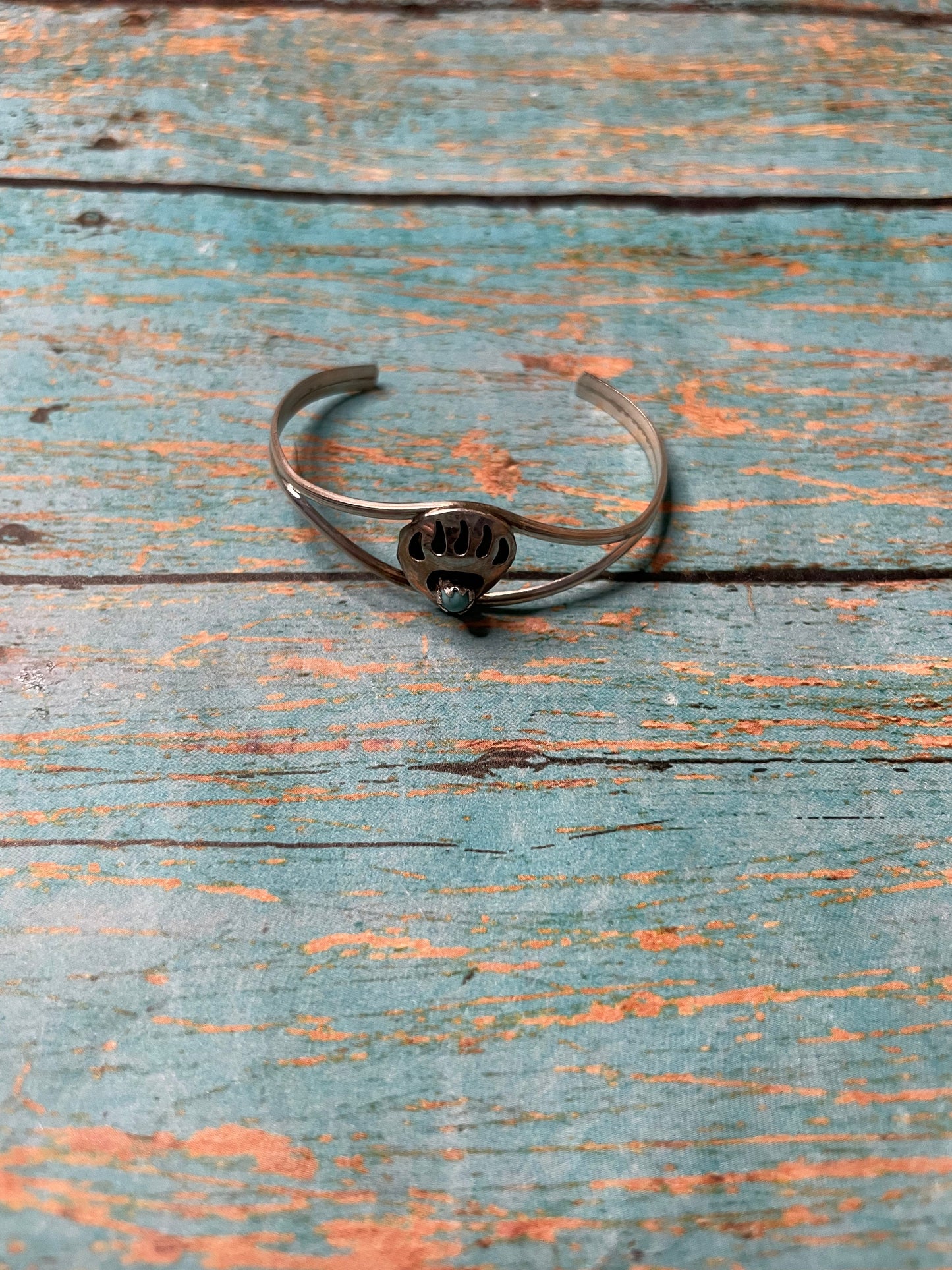 Handcrafted Sterling Silver And Turquoise Baby Bear Paw Cuff Bracelet
