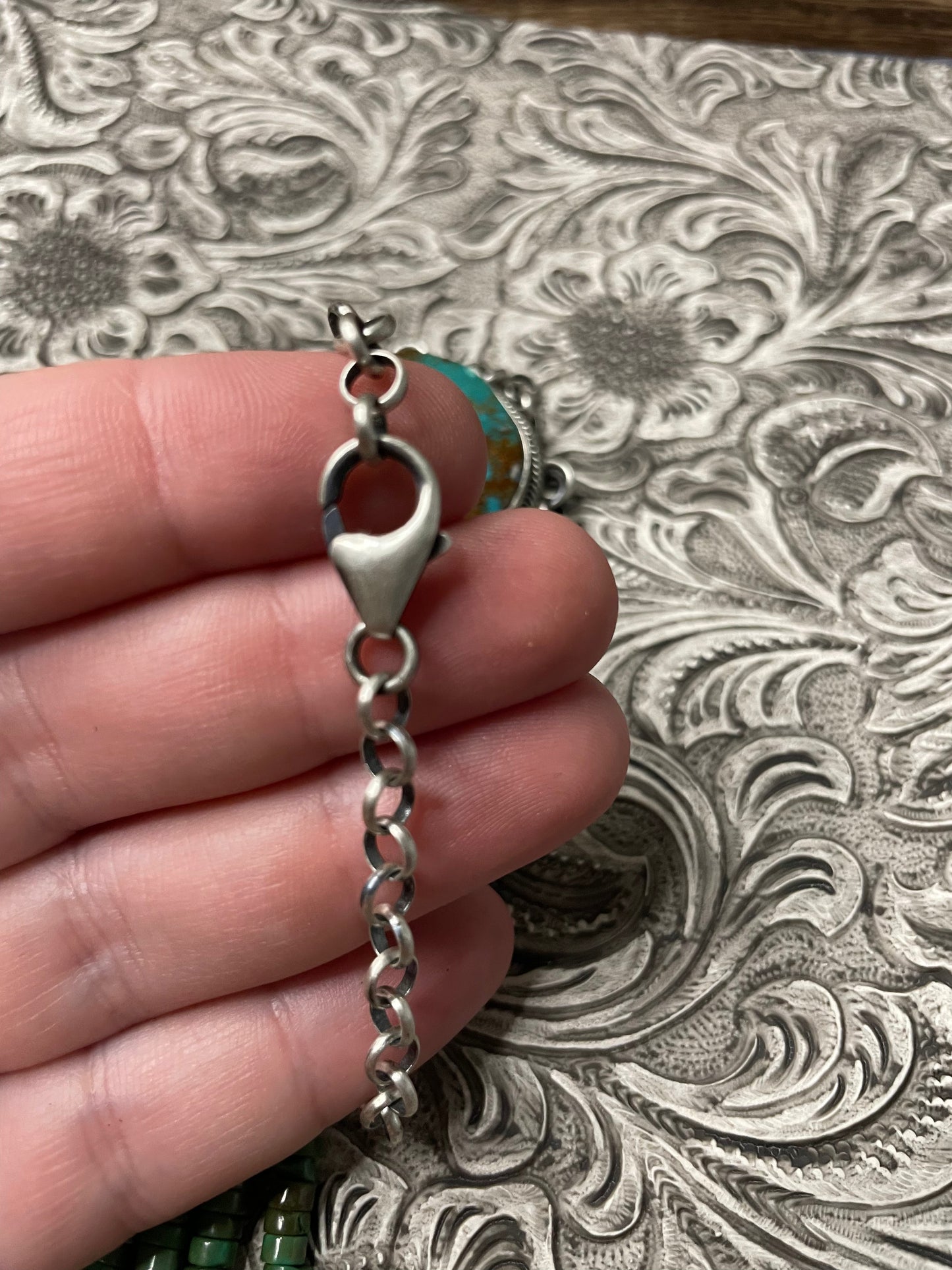 Handcrafted Turquoise & Sterling Silver Drop Necklace Signed Emer Thompson