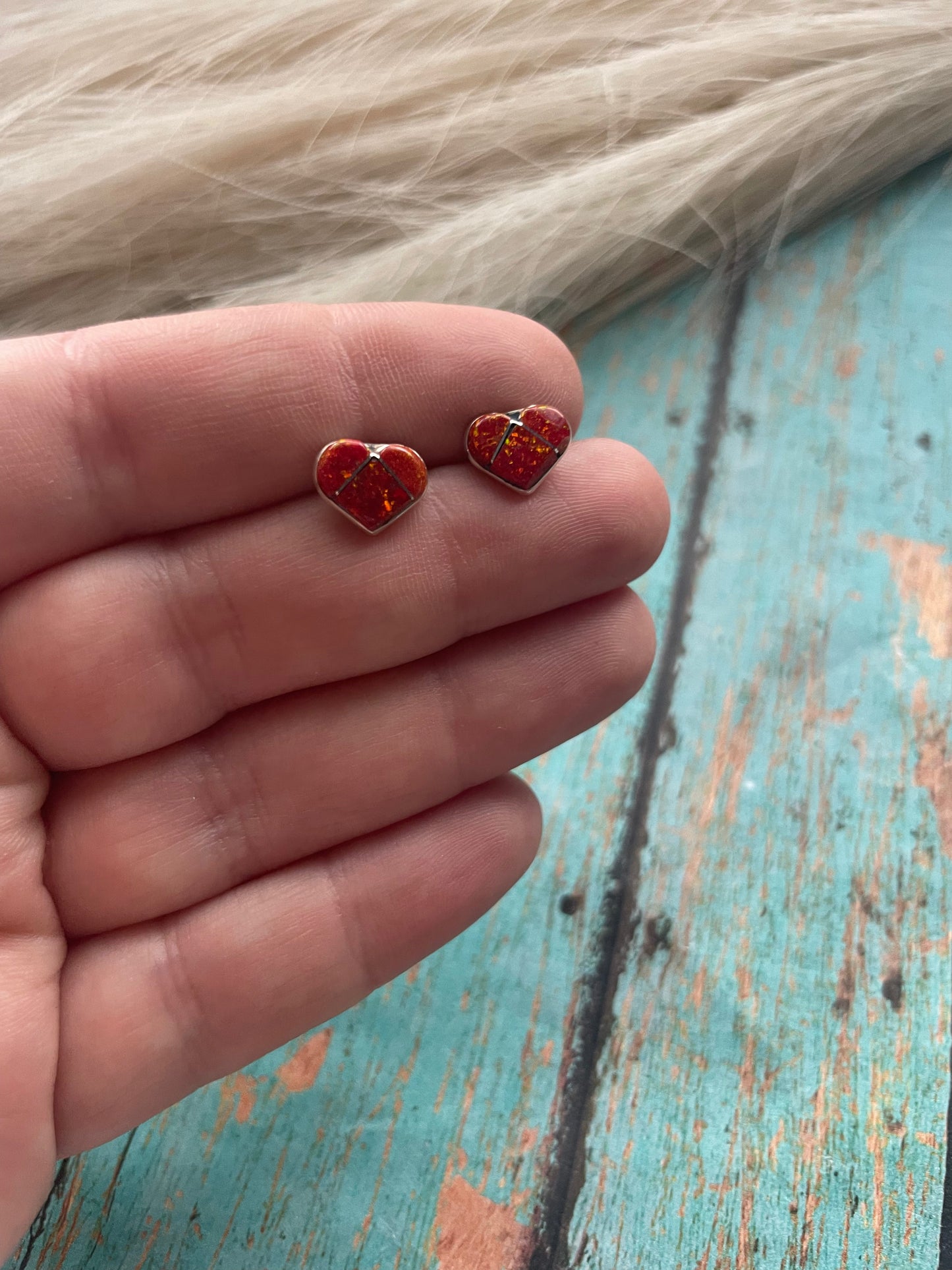 Handcrafted Sterling Silver & Red Opal Inlay Heart Stud Earrings