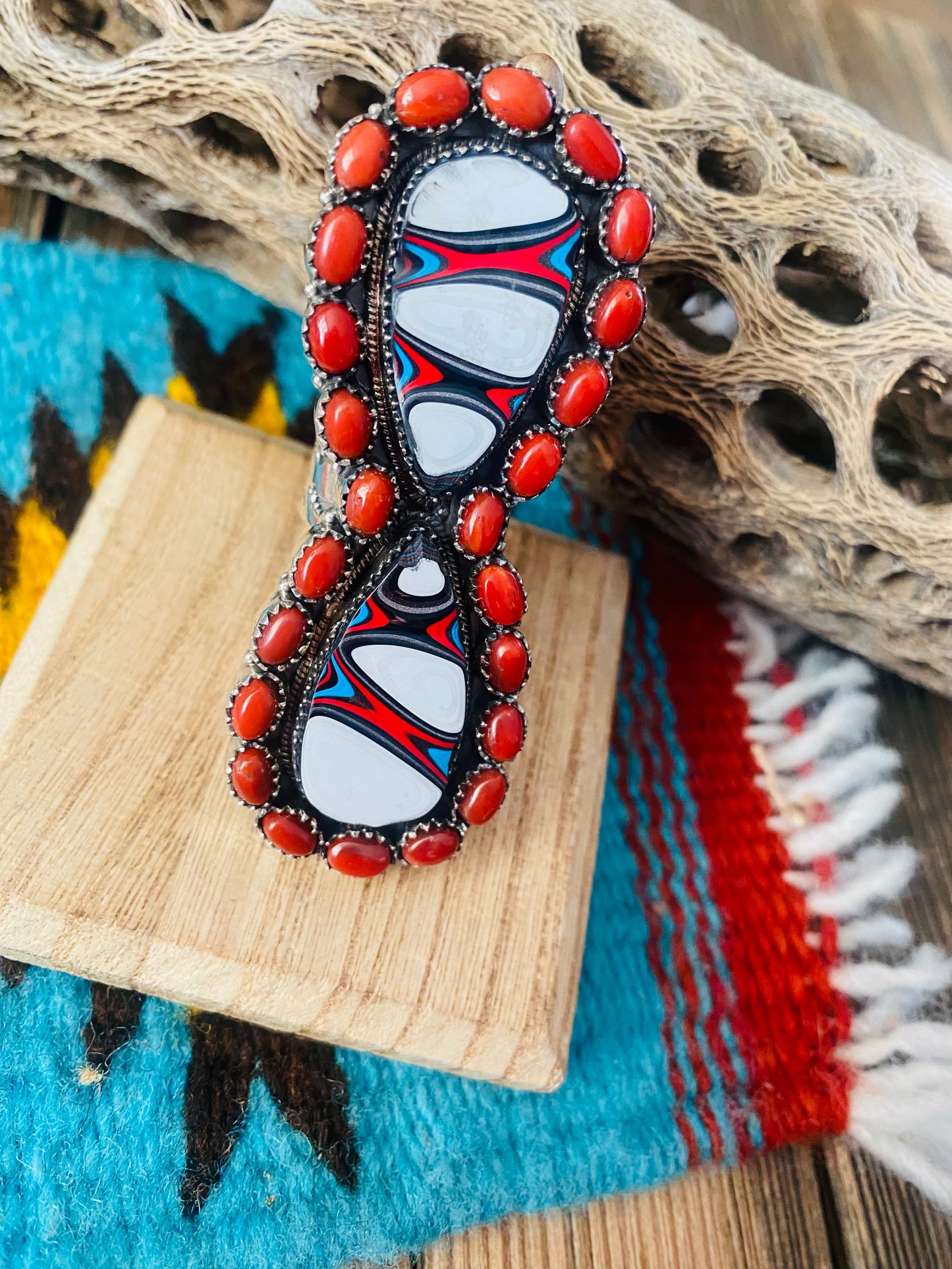 Handmade Sterling Silver, Fordite & Coral Cluster Adjustable Ring