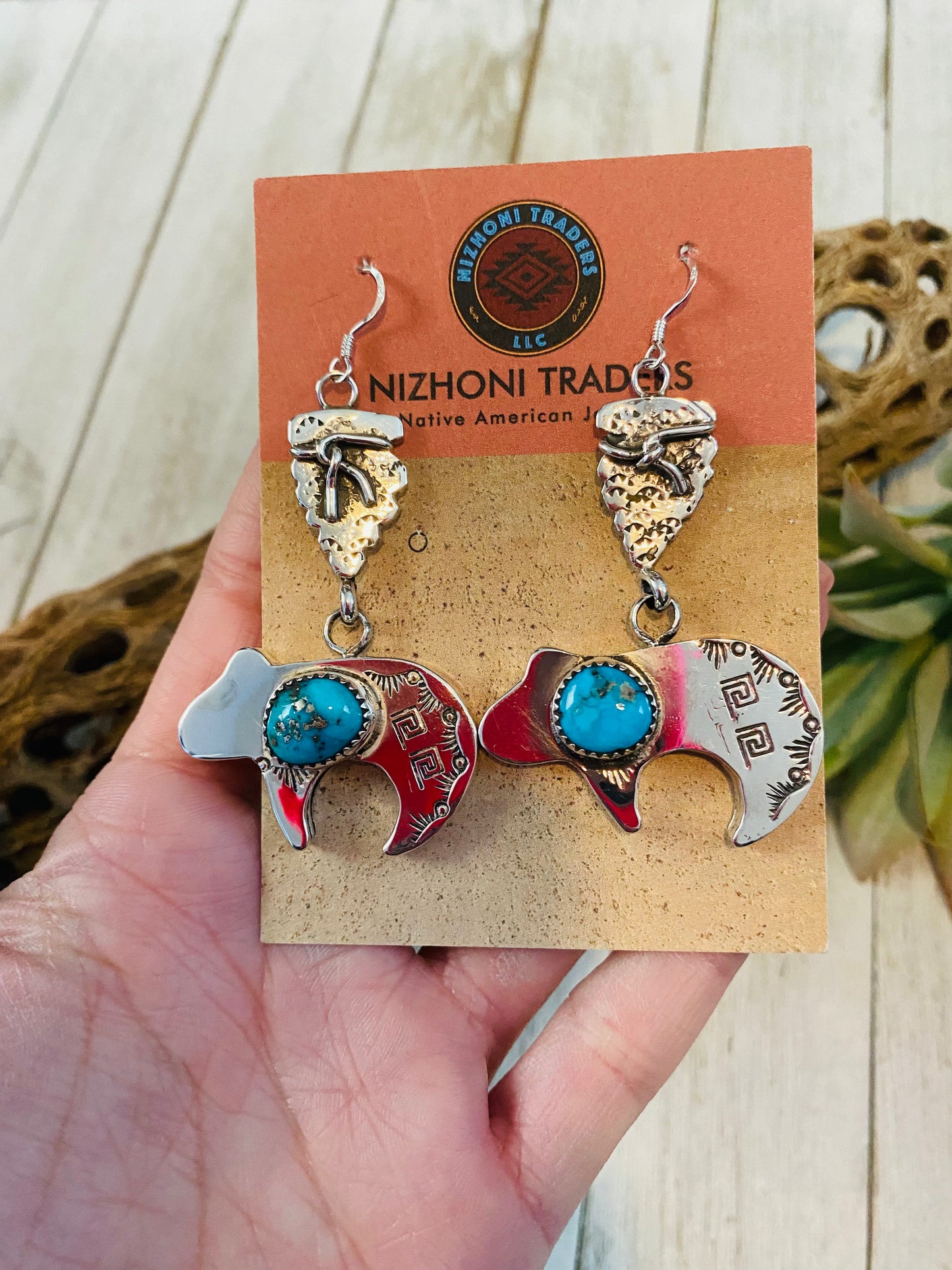 Handcrafted Turquoise & Sterling Silver Fetish Bear Dangle Earrings