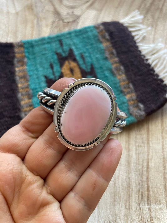 Handcrafted Pink Conch Sterling Silver Cuff Bracelet Signed /